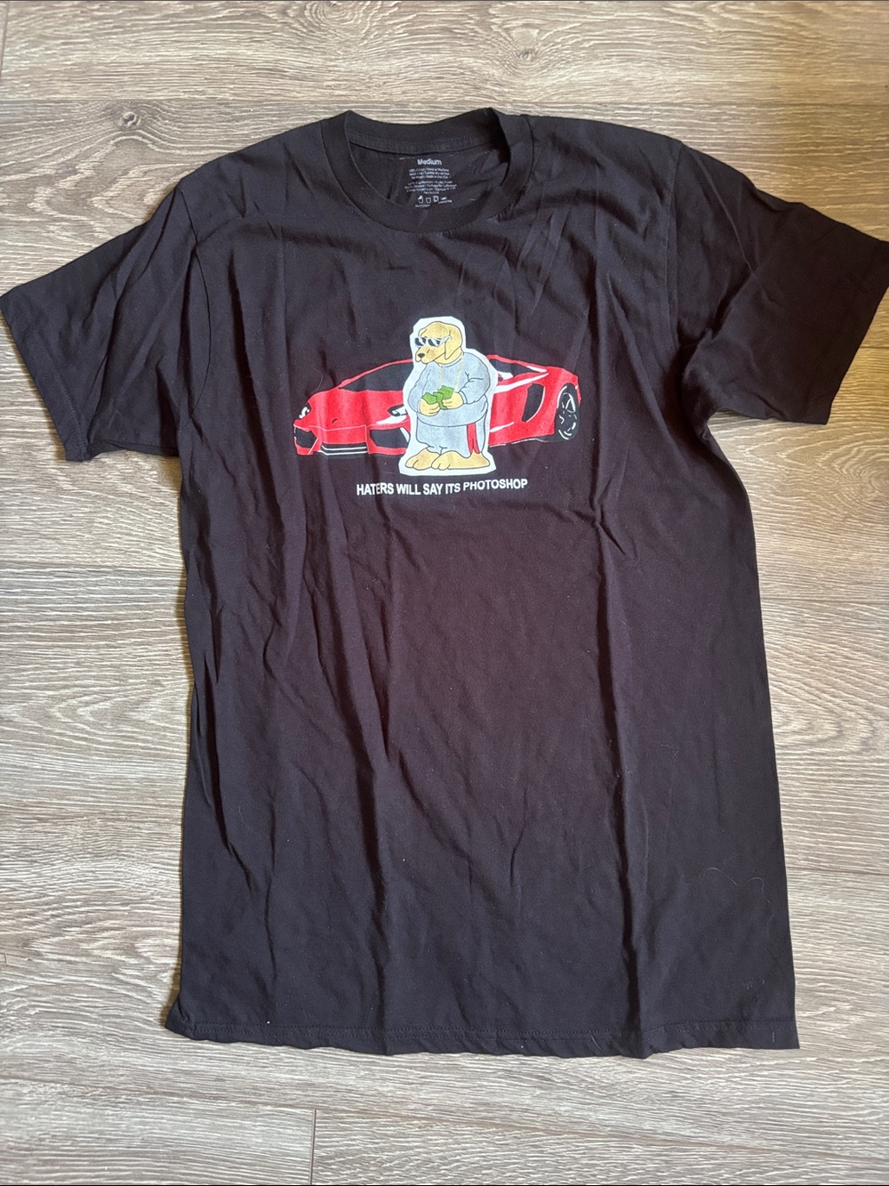 Black Graphic Tee with Red Car and dog Illustration
